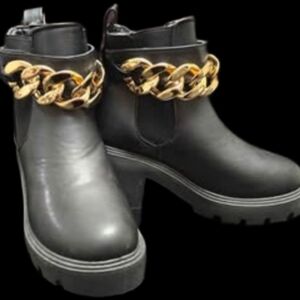 Streetwear Society Black Chunky Ankle Boots Gold Chain Size 6 Combat Style
